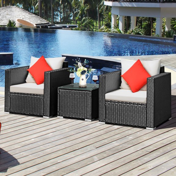 Costway 3PCS Patio wicker Furniture Set Conversation Rattan Sofa Set w/Cushion Garden