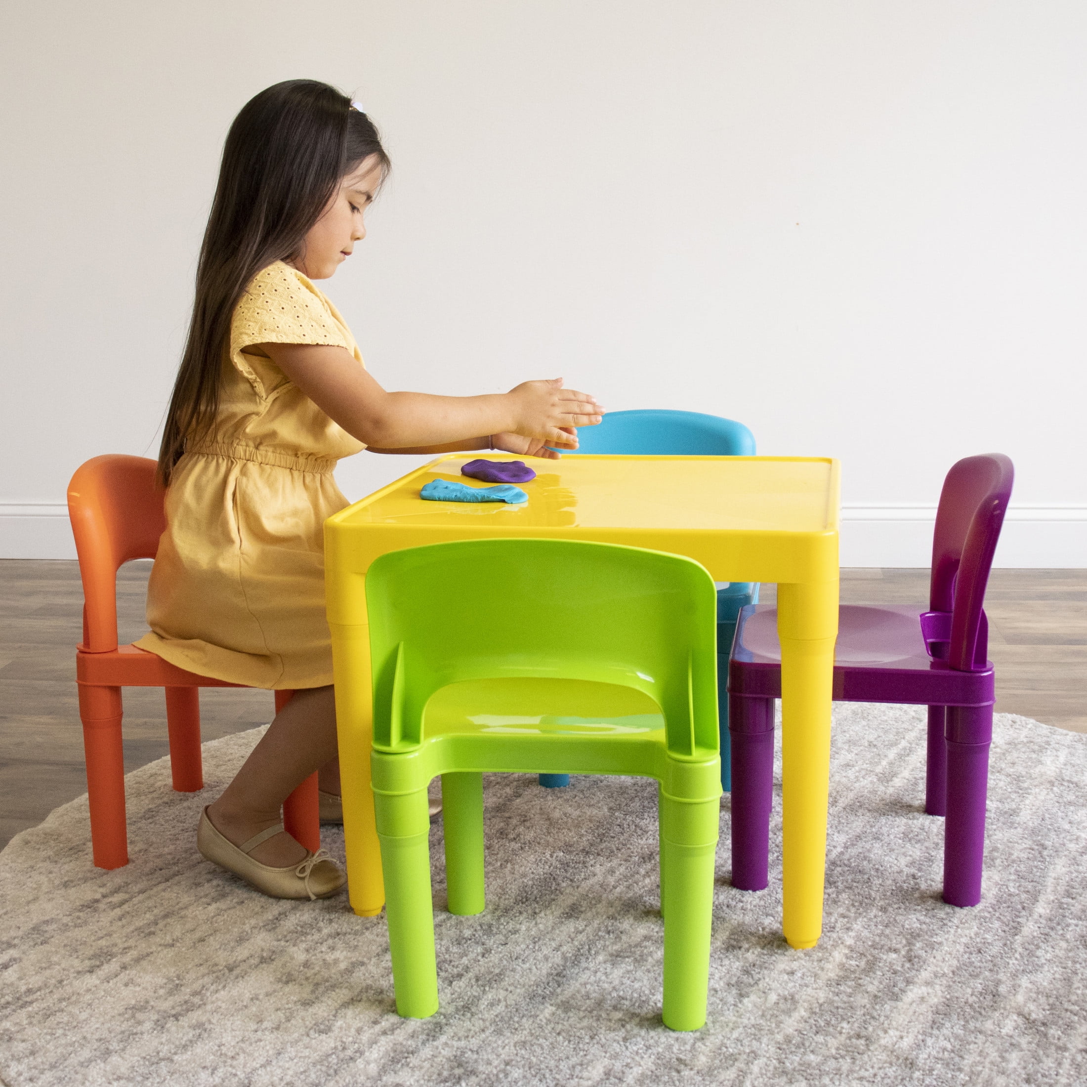Humble Crew Vibrant Toddler Lightweight Plastic Table and 4 Chairs Set, Square Yellow Table & Orange/Green/Blue/Purple Chairs