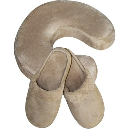 Spa Sensations Memory Foam Travel Neck Pillow and Slipper Set