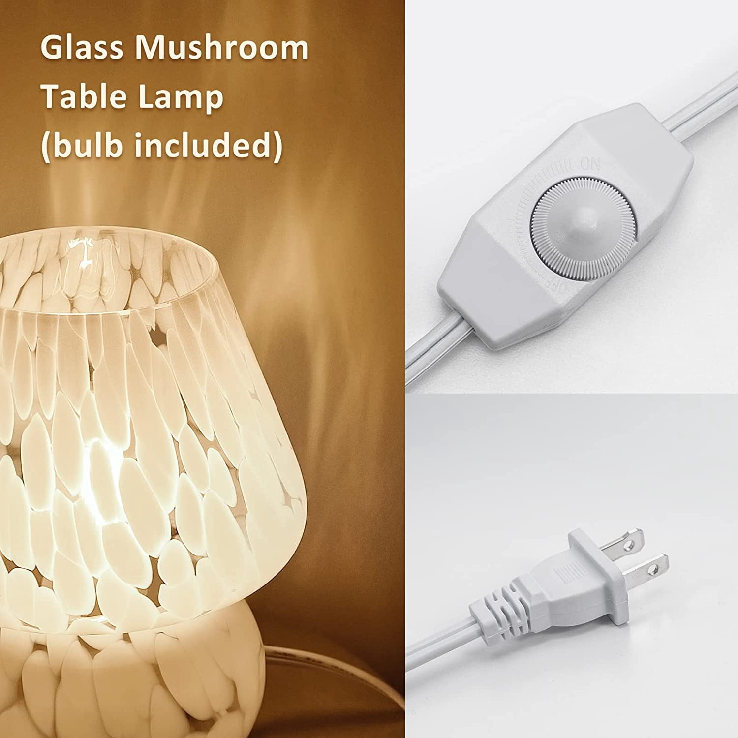 Mushroom Table Lamp, Dimmable Glass Bedside Lamp, Cute Small Nightstand Lamp for Living Room, Bedroom, Home Decor, 7.1'' H, White
