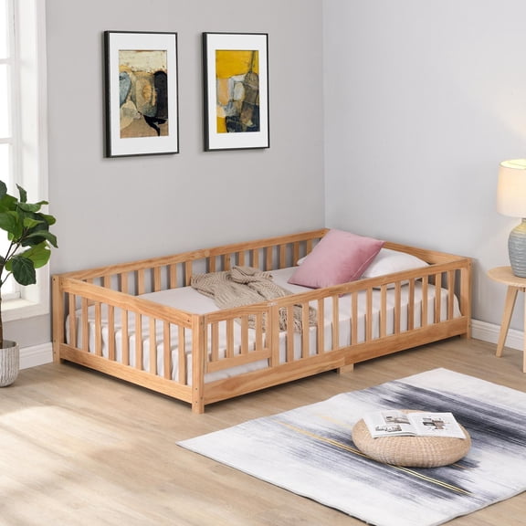 Floor Bed, Toddler Bed, Platform Bed Full Size With Safety Door Guardrail Solid Wood For Kids Children Bedroom, Natural Pine Montessori Bed