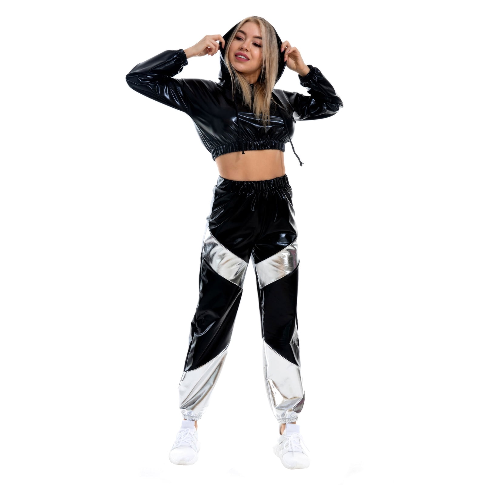 IBTOM CASTLE Women's Rave Outfit Shiny Crop Top Hoodie Casual Long Pants Hooded Workout Sweatshirt Dance Clubwear XXL Black