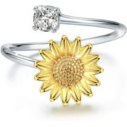 Coachuhhar Sunflower Ring S925 Sterling Silver Adjustable Dainty Gold Flower Open Band with Cubic Zirconia Stacking Mid Finger Thumb Rings Jewelry Gifts for Women Mom Promise Size 6/7/8/9