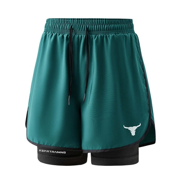 Men's 2-in-1 Quick Dry Athletic Shorts, Elastic Drawstring Waist with Compression Liner and Bull Print, Workout Shorts for Men Couple's Fake Two-Piece Running Fitness Shorts Army Green L