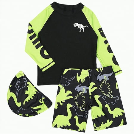 CAICJ98 Boys Long Sleeve Rash Guard Swimsuit Kids 3-Pieces Bathing Suits for Boys Swimwear Set with Hat (Green 5-6 Years)