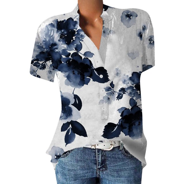 Camisas de verano para mujer, camisetas de manga corta con cuello en V para mujer con botones y estampado de flores OAVQHLG3B Store lin121212