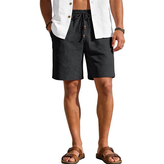 Men's Cotton Linen Drawstring Elastic Waist Knee Length Shorts Black S