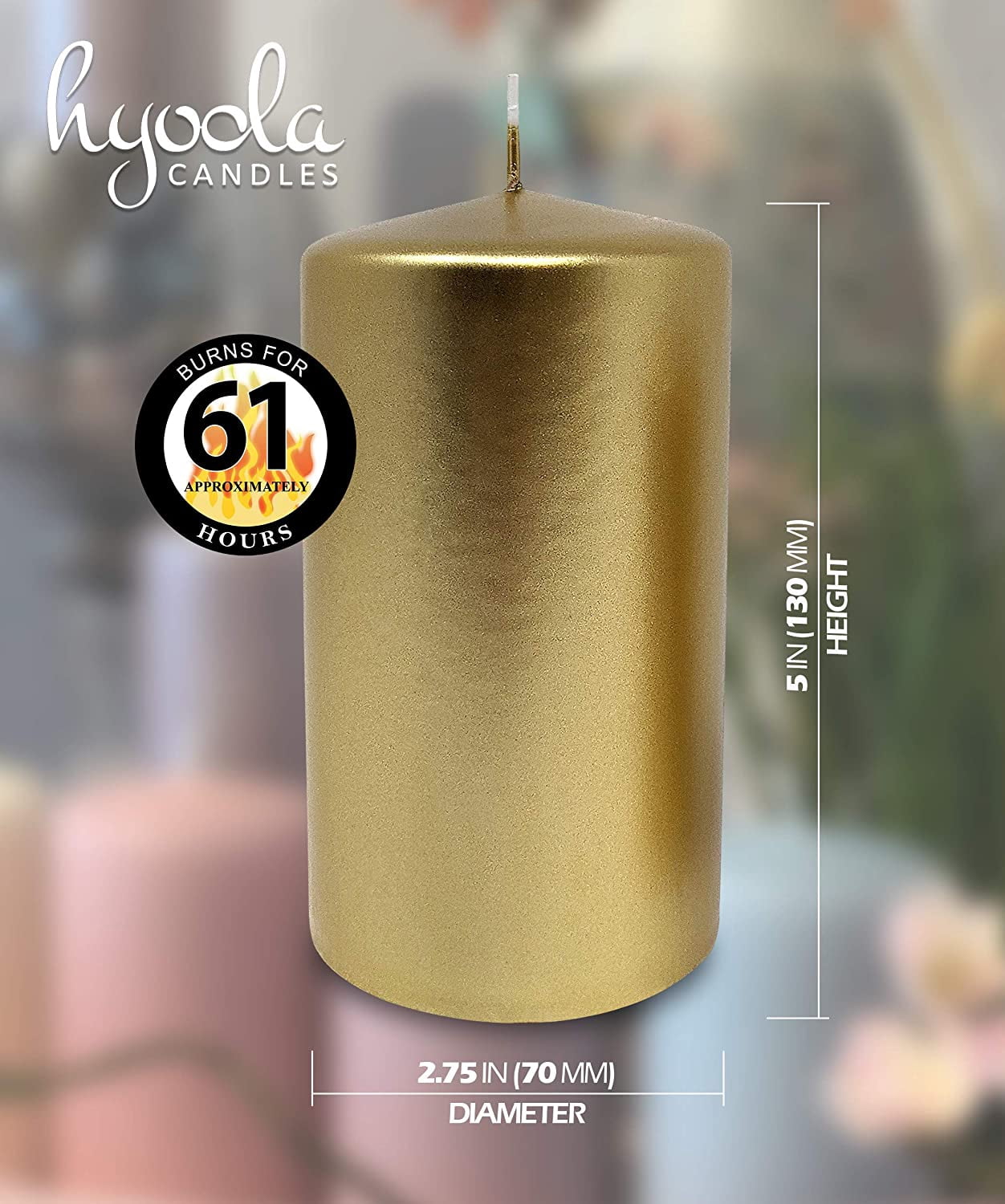 Hyoola 2.75 x 5 inch Metallic Gold Unscented European Made Pillar Candles, Paraffin Wax with Cotton Wicks, 6-Pack