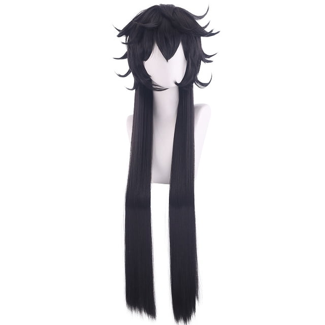 Peluca larga para cosplay, negra, sintética, resistente al calor