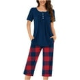 thumbnail image 1 of Timegard Womens Pajamas Sets Lounge Short Sleeve Pleated Top Checkered Capri Pants with Pockets Pjs Outfits, 1 of 7