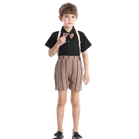 Letdown Toddler Boy Outfits Formal Suits: Dressy Short Sleeve Shirts with Bowtie Suspender Striped Shorts Pants Outfit Sets Summer Gentleman Wedding Outfits