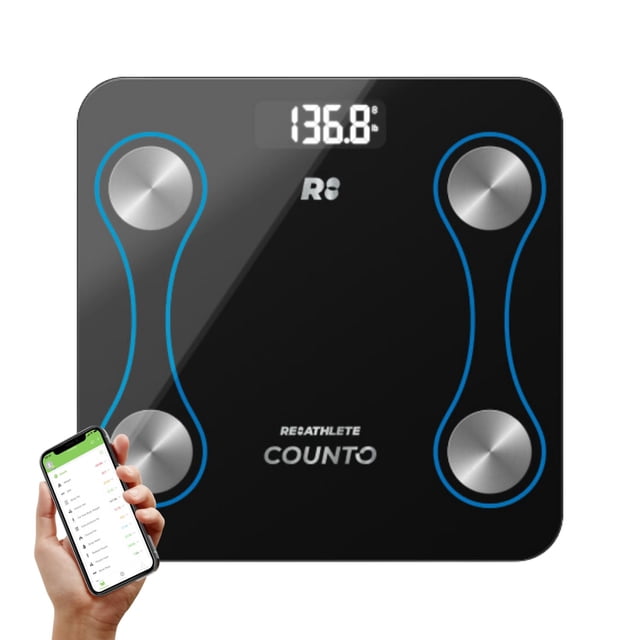 Báscula inteligente COUNTO: báscula digital que mide parámetros corporales | Dispositivo inteligente con Bluetooth para medir la grasa corporal, monitor de composición corporal con app inteligente | B