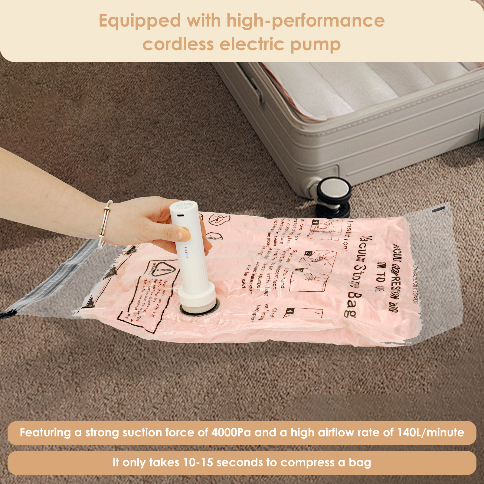 Vacuum Bag with Electric Pump Rapid Compression 8 Pack Triple Seal Compression Bag with Double Zipper Lock for Luggage and Suitcase