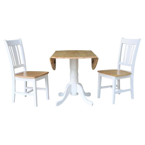 42" Solid Wood Dual Drop Leaf Pedestal Dining Table with 2 San Remo Splat Back chairs in White/Natural by International Concepts