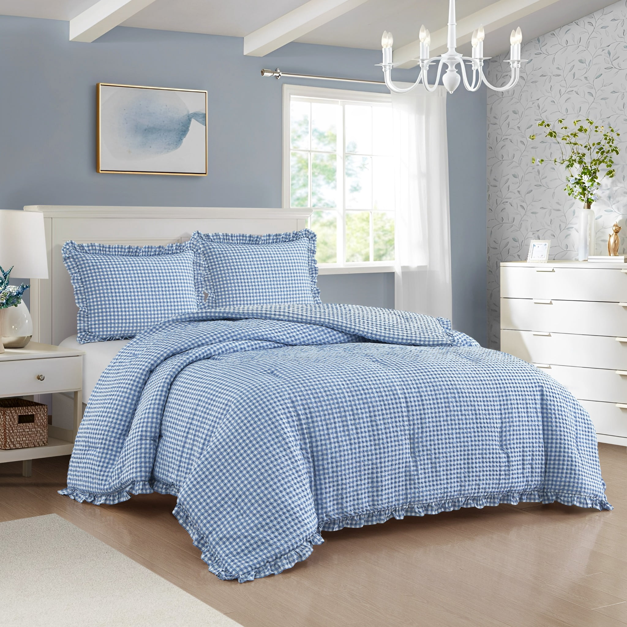 Mason & Craft 3 Piece Blue Gingham with Ruffle Comforter Set, Full/Queen