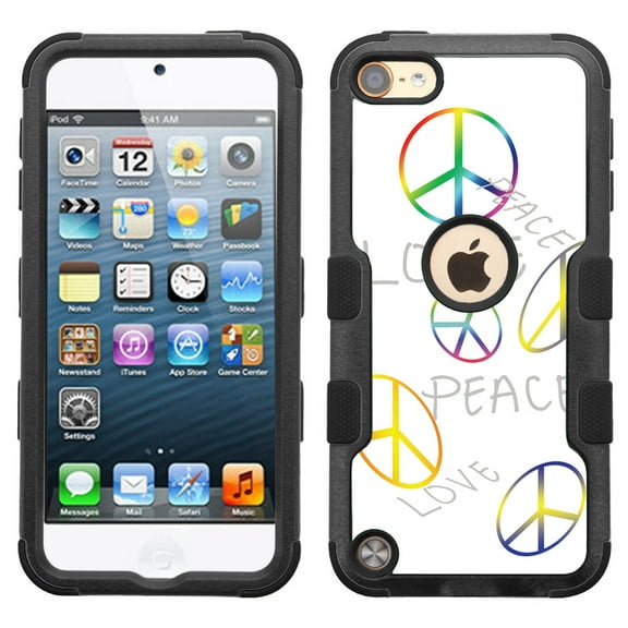 One Tough Shield ® 3-Layer Hybrid Case (Black w/Black Silicone) for Apple iPod Touch 5 5th / 6 6th Generation - Love/Peace