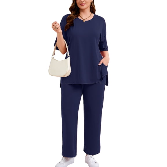 SHOWMALL Women's Plus Size Summer Outfits 2 Piece Sets Lightweight Short Sleeve Top & Pants for Vacation Navy Blue 3X
