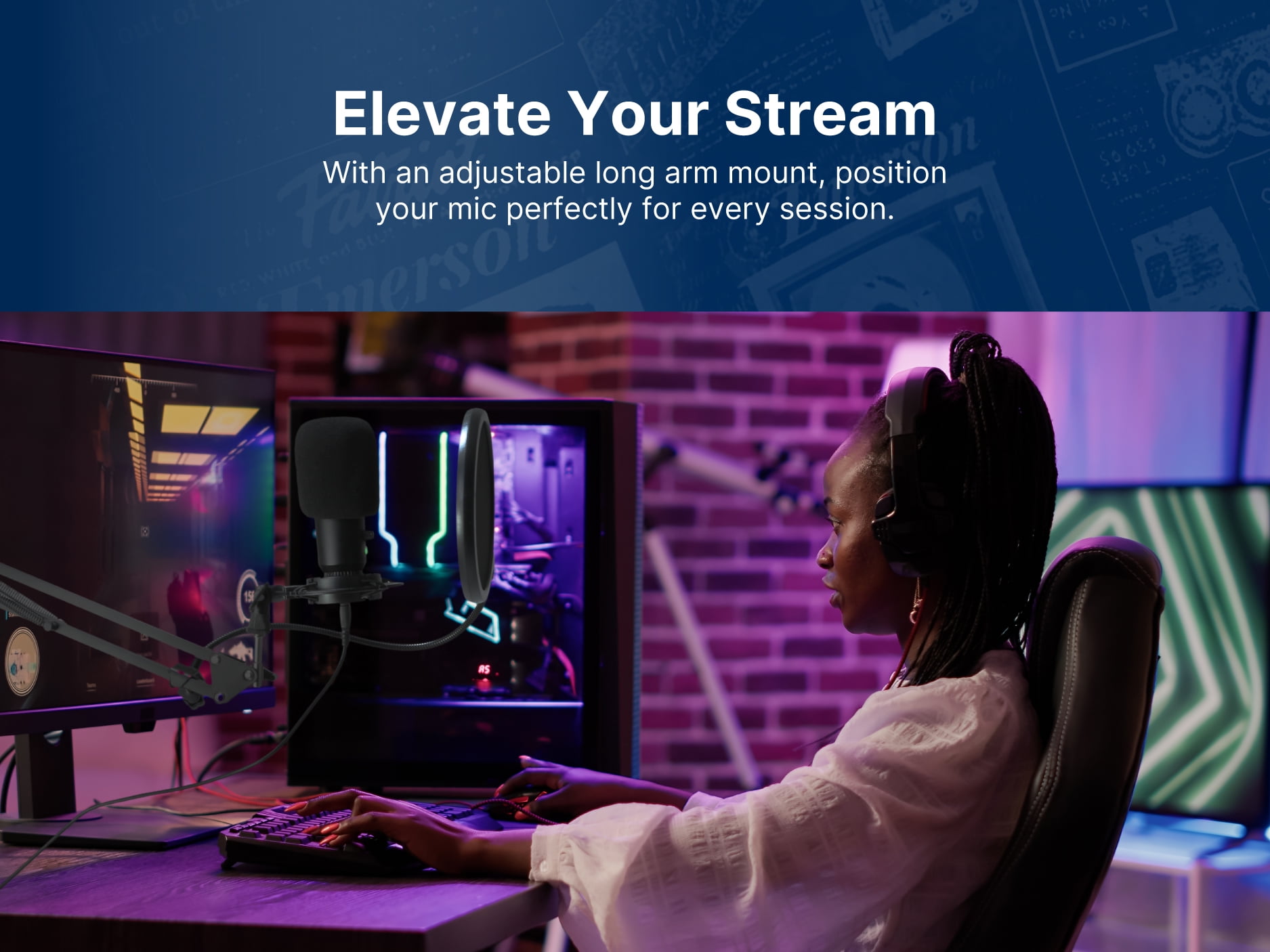 Emerson EAM-9051 USB Gaming & Streaming Condenser Microphone with Pop Filter and Shock Mount, Black