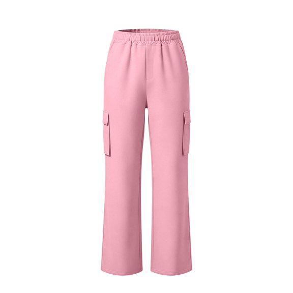 TIREOW Girls Cargo Sweatpants Solid Color Elastic Waist Wide Leg Cargo Sweat Pants Baggy Casual Cargo Pants with Multi-Pockets