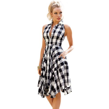 1/2 New Dress Shirts Enjoyofmine Women's Plaid Tweed Shirt Dress, Sleeveless Casual Dress Retro Summer Women Ladies Casual Knee-Length Shirt Dress ()