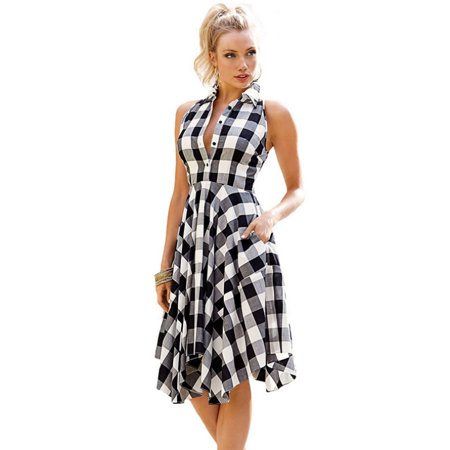 Enjoyofmine Women's Plaid Tweed Shirt Dress, Sleeveless Casual Dress Retro Summer Women Ladies Casual Knee-Length Shirt Dress