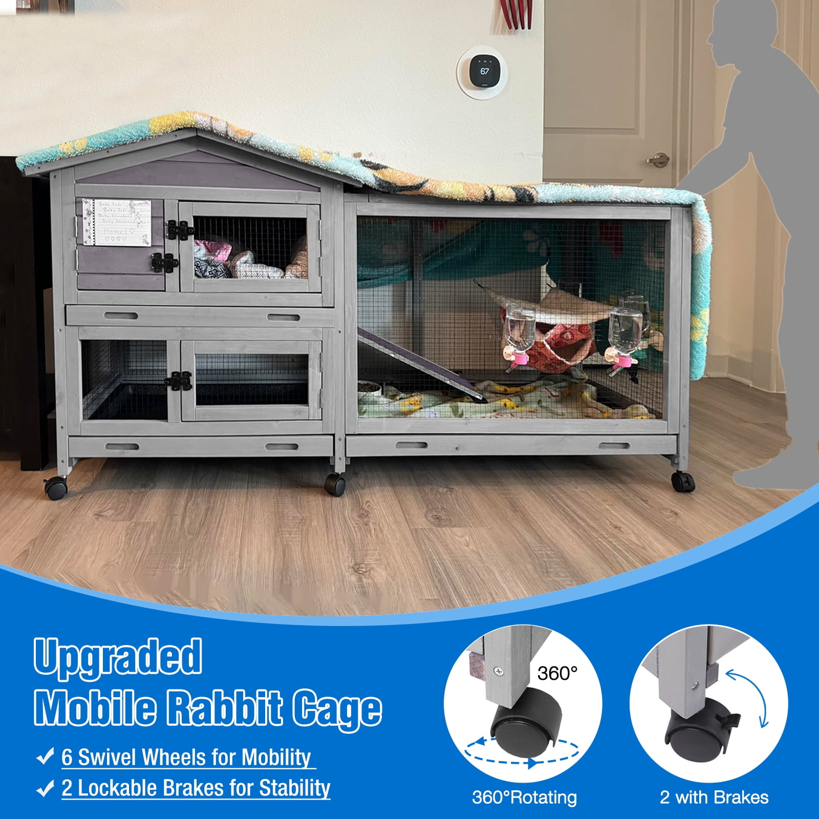 Suumerpety Rabbit Hutch on Wheels Indoor Rabbit Cage Outdoor Bunny Hutch with 3 Plastic Trays & Anti-Chew Ramp Metal Frame Guinea Pig Cage Gray