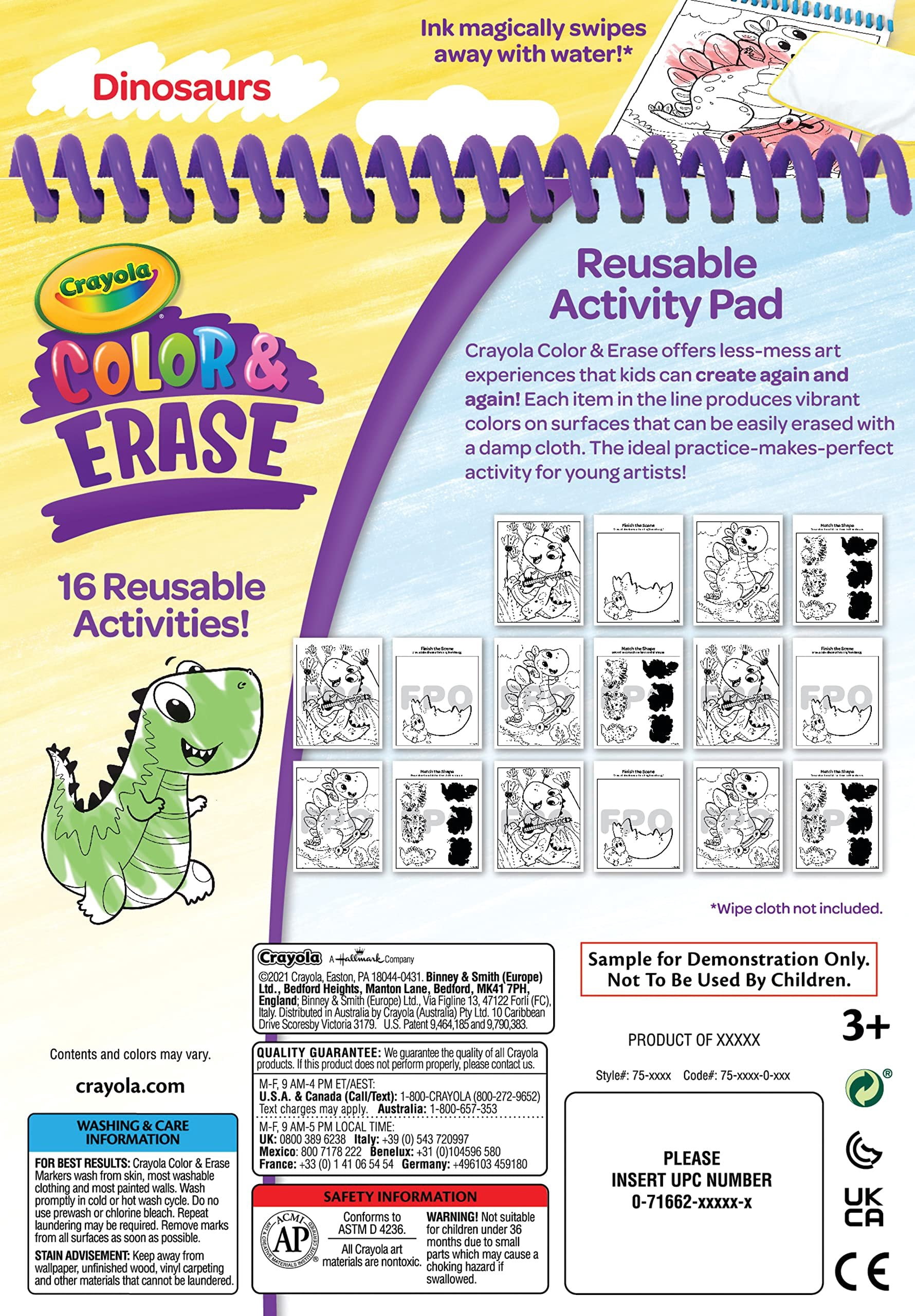 (3 pack) Crayola Color and Erase Reusable Activity Pad, Dinosaurs, Toddler Craft, Dino Gifts, Ages 3, 4, 5, 6