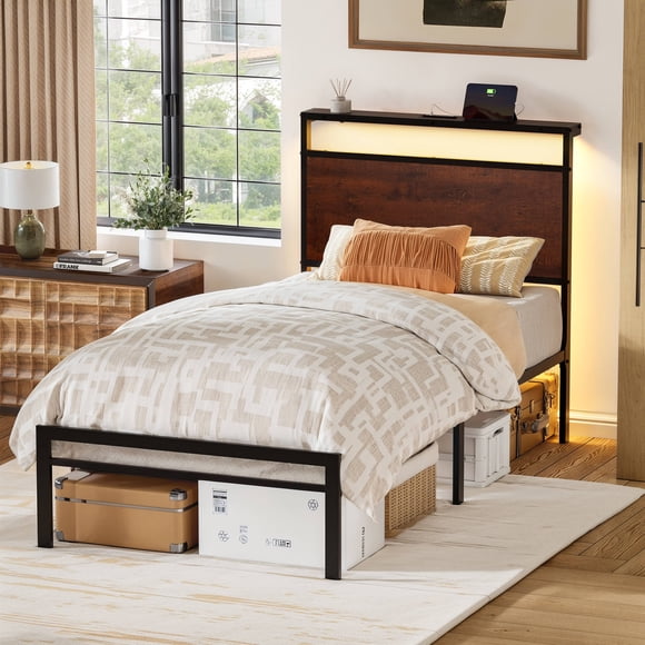 GUNAITO Twin Size Bed Frame with Wooden Headboard Metal Platform Bed Frame with LED Lights Charging Station Rustic Brown