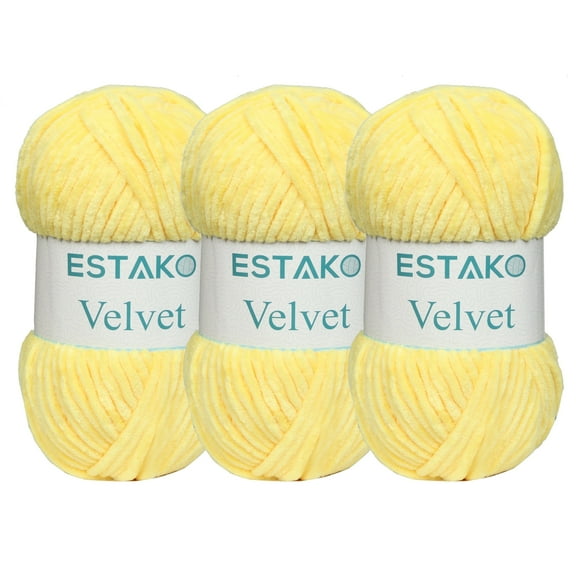 Estako Velvet (3- Skeins Pack) Chenille Blanket amigurumi Yarn for Crocheting and Knitting Super Bulky 3x100 gr (3x132 yds) (1850 - Yellow)