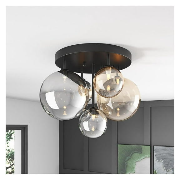 5-Light 17.71 in Black Semi Flush Mount Ceiling Light, Modern Ceiling Chandeliers with Globe Glass Shade, Farmhouse Ceiling Light Fixture, Cluster Chandelier for Bedroom