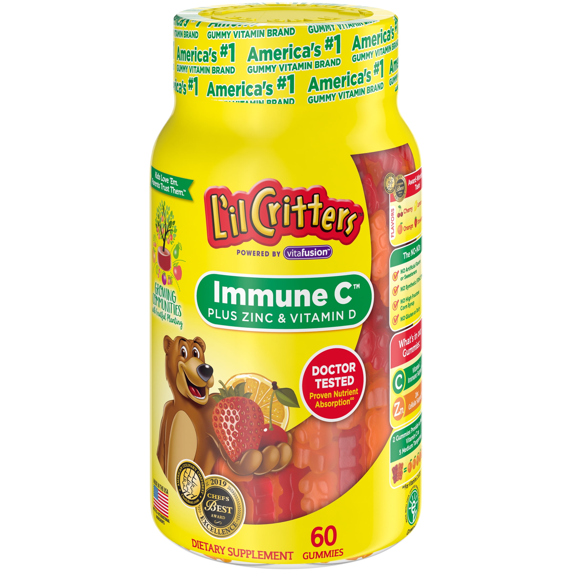L'il Critters KidsImmune C Gummy Supplementwith Vitamin C,Zinc and Vitamin D3for Immune Support*, 60 ct (30-60 day supply), 4 delicious flavors from Americas Number One Gummy Vitamin Brand