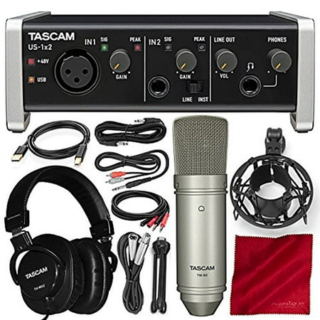 Tascam US-1X2 1 In 2 out USB Audio & MIDI Interface with HDDA Mic Preamps and iOS Compatibility with Microphone, Headphones, and Platinum