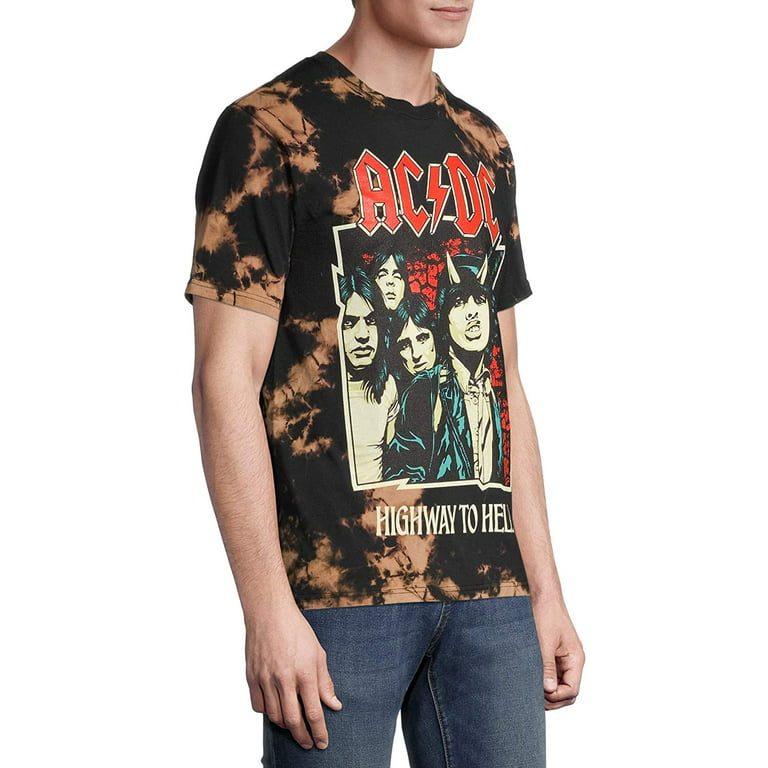 AC/DC Men's Officially Licensed Highway To Hell Tie Dye Heavy Metal Rock  T-Shirt - Black Bleach Wash (XX-Large)