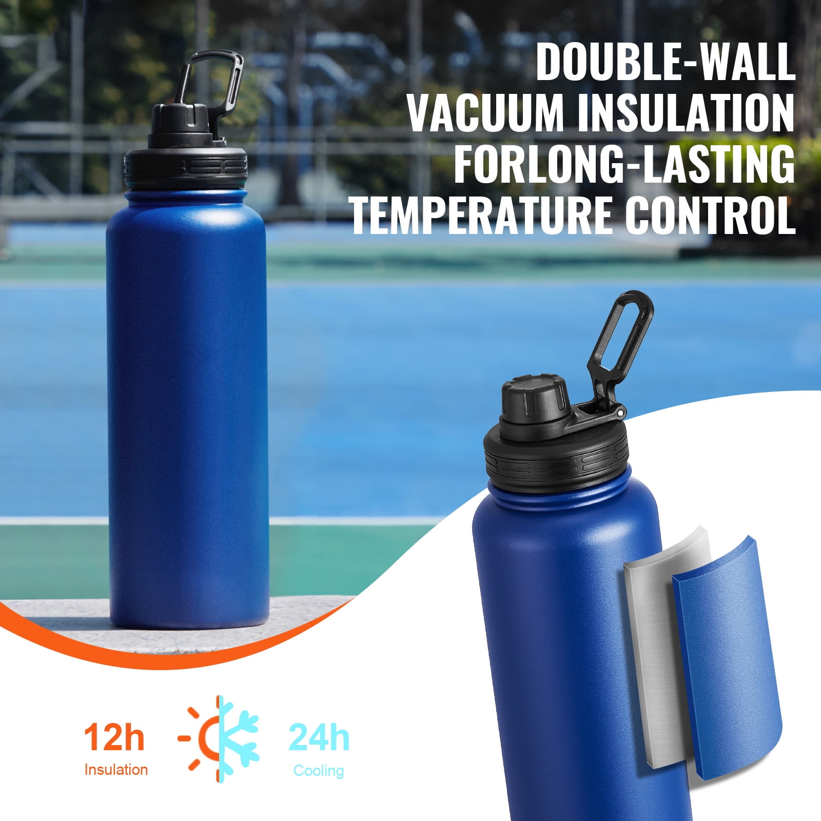 KFFKFF 40 oz Hydration Vessel, Stainless Steel Flask for Camping & Hiking, Wide Mouth Lid, Double Walled Sports Coffee Mug, Leakproof, Suitable for Indoor/Outdoor Activities, FDA Approved, Blue