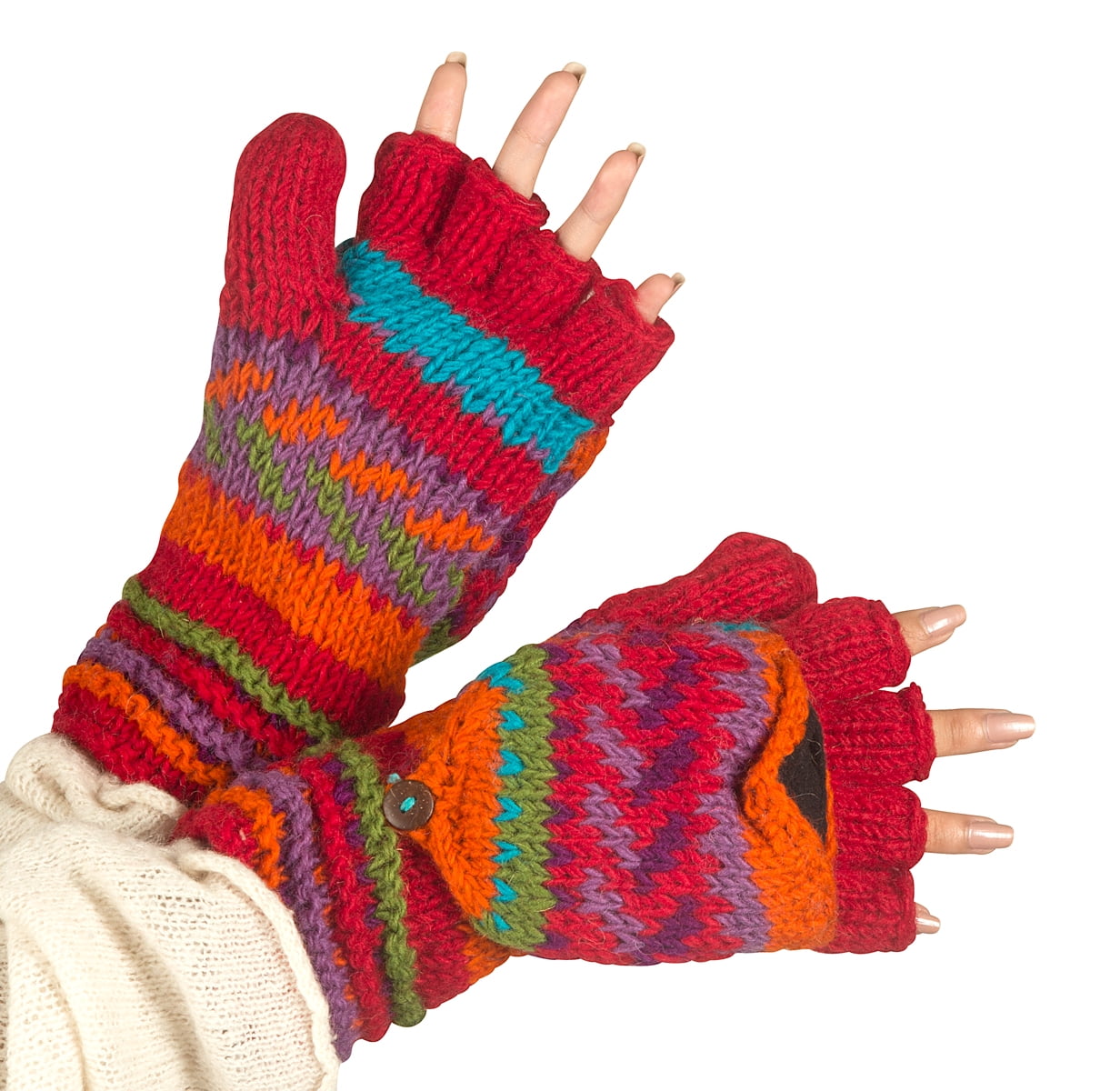 100% Woollen Mitten Handmade in Nepal Ski Gloves Pouch Handwarmer Fingerless 