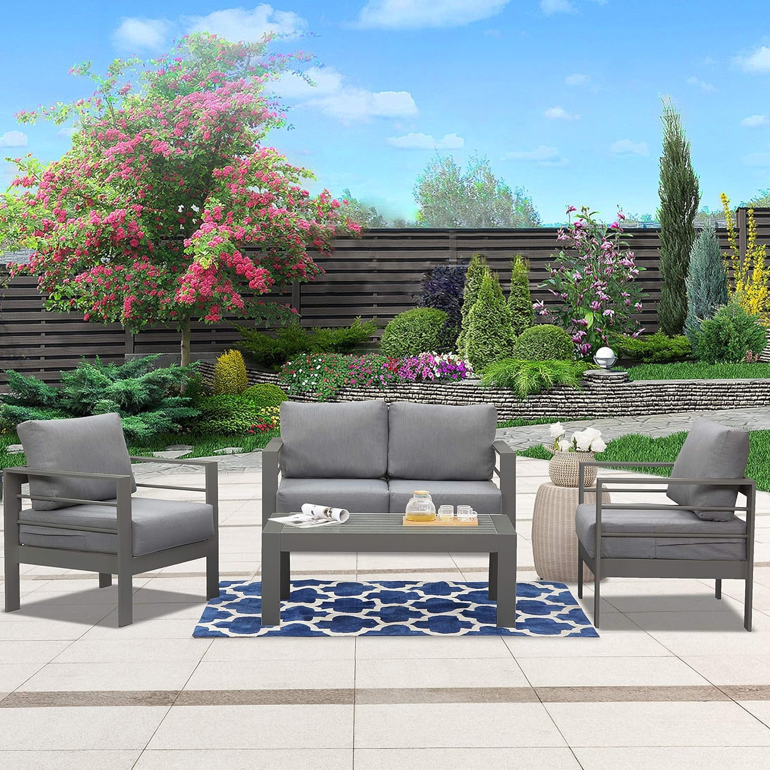 RoyalCraft 4 Piece Aluminum Sectional Outdoor Conversation Sets with Sofa and Table, Grey/Grey