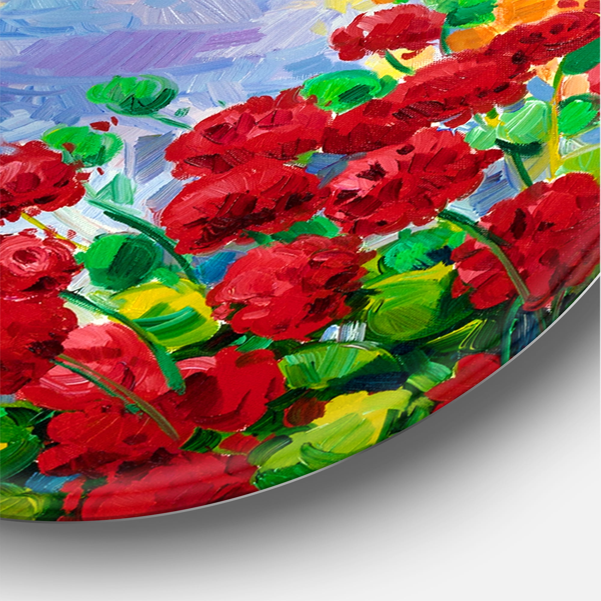 Designart 'Colorful Traditional Santorini Houses Among Flowers' Nautical & Coastal Circle Metal Wall Art 29x29 - Disc of 29