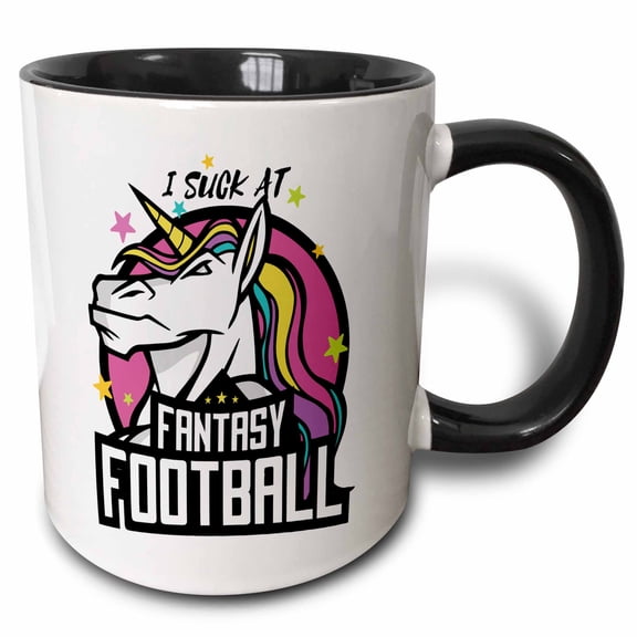 3drose, I Suck at Fantasy Football with Unicorn Horse Rainbow, 15oz Two-tone Black Mug