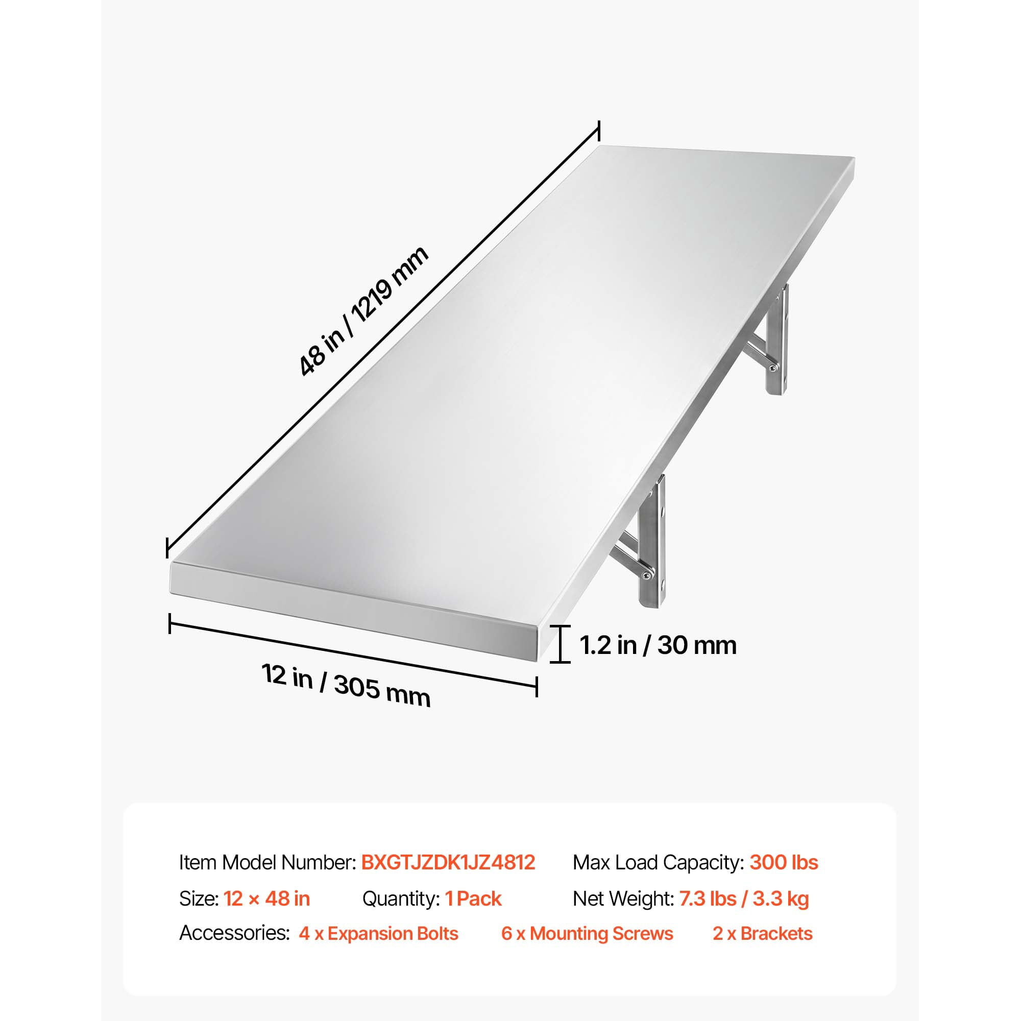 KFFKFF Stainless Steel Wall Shelf 12" x 48" Foldable Design, Durable Floating Shelf with Brackets, 300 lbs Load Capacity, Easy Maintenance, Ideal for Kitchens, Restaurants, and Garages