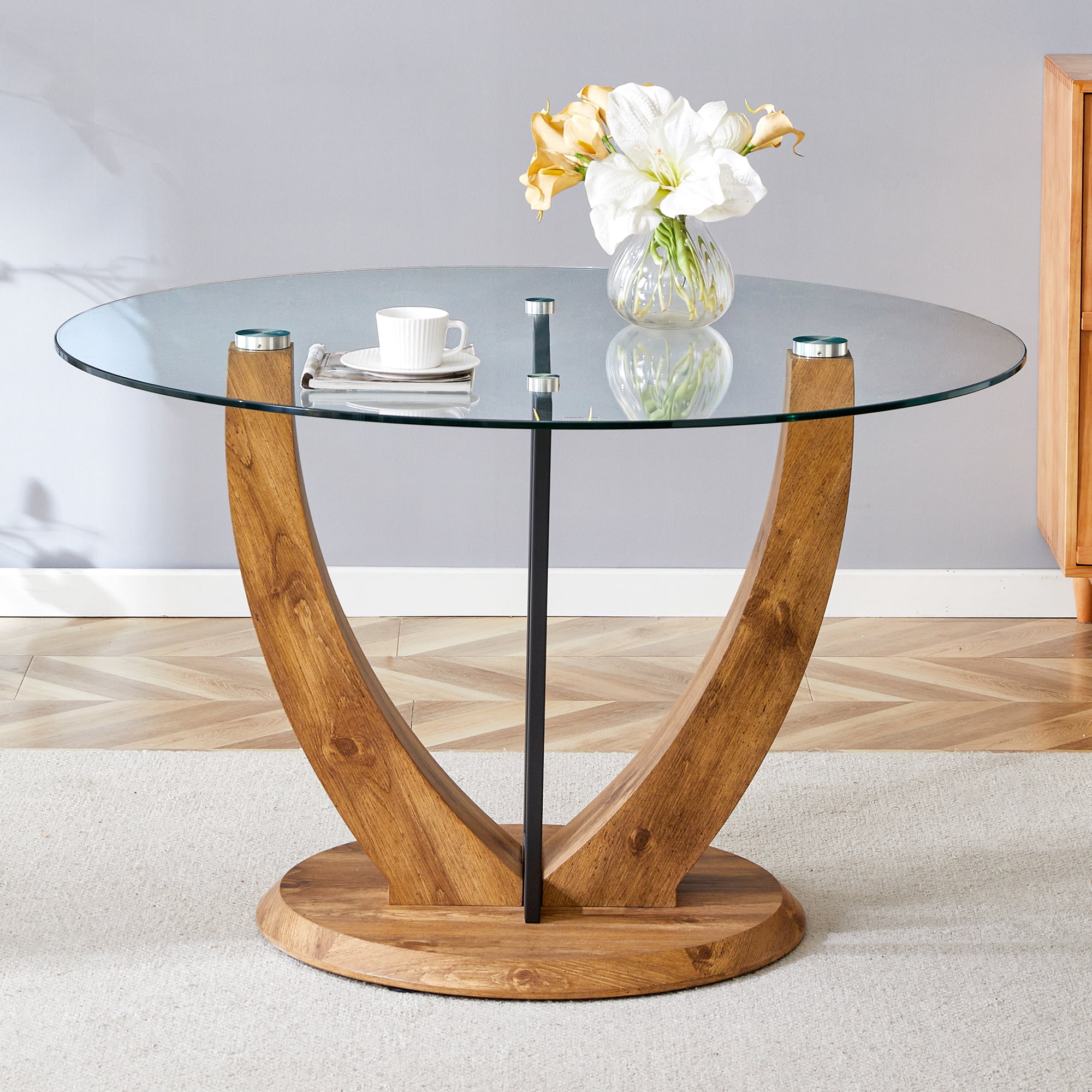 Table de salle à manger ronde Noble House 122 cm, plateau en verre trempé 1 cm d'épaisseur, transparent et bois