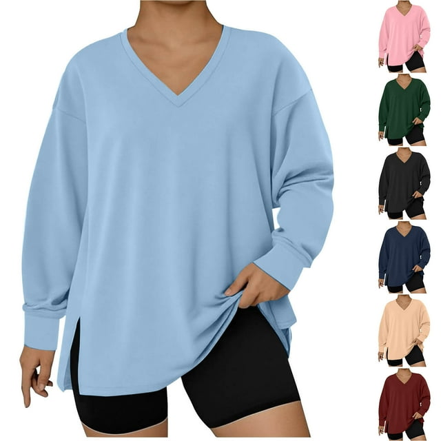 Yuyuzo Womens Plus Size Tops Long Sleeve V Neck Shirts Side Slit Dressy Casual Basic Solid Color Fall Fashion Tops