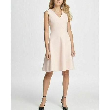 DKNY Women's V Neck Compression Fit & Flare Dress Blush Powder White Size 14