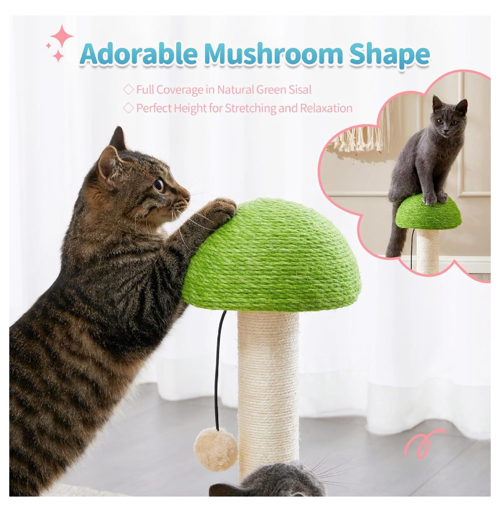 Cat Scratching Post Mushroom, Sisal Scratcher with Ball Toy - 20 Inch Kitten Scratcher for Indoor Cats - Interactive Wood Cat Tree Activity Center Green