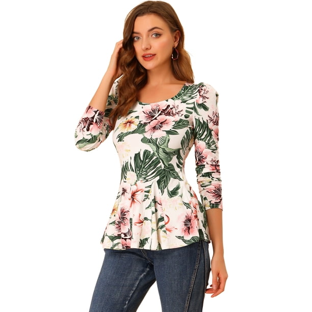 Camisa Peplum Estampada Con Cuello Redondo Y Mangas Largas De Leopardo Para Mujer Blanco rojo verde L