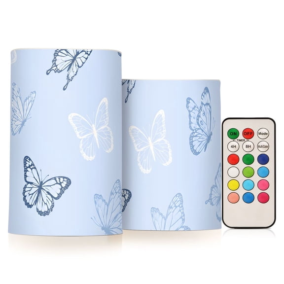 Butterfies Flameless Candles Flickering with Remote and Timer Battery Operated LED Pillar Candle Set of 2
