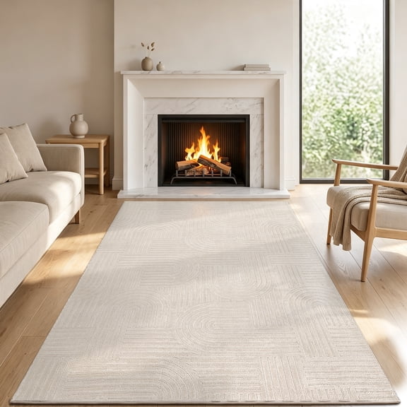 Vaukki 5'x7' Modern Geometric Area Rug, Jacquard High-Low Textured Non Slip Machine Washable Soft Rug for Living Room Bedroom Dinning Room Office, Beige