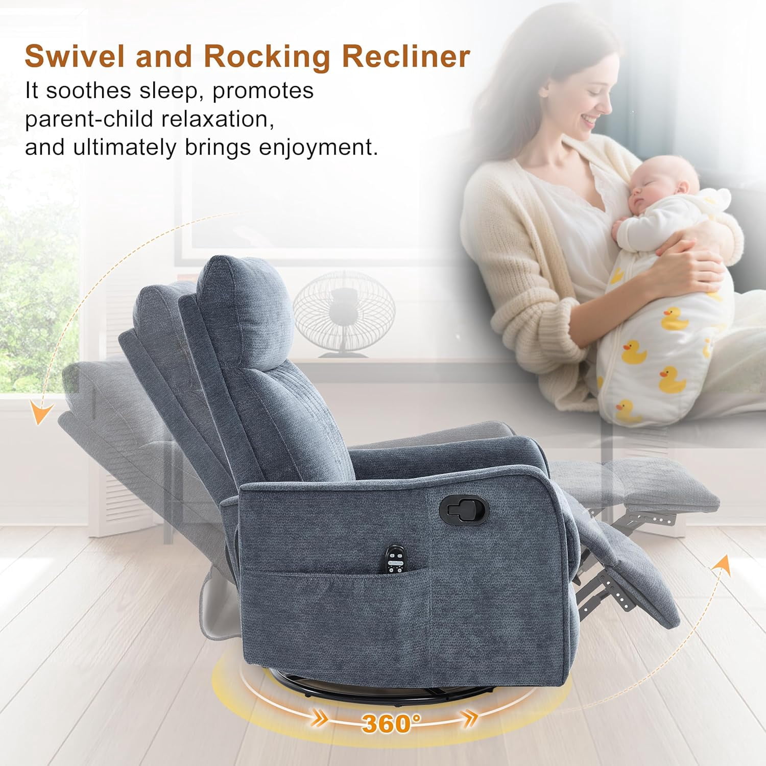 AENKYO Swivel Recliner Chair, Manual Rocking Massage Chair, Heated for Adults, for Living Room,Blue Chenille