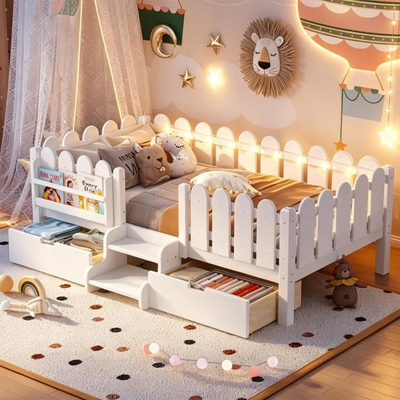Bellemave Twin Size Kids Floor Bed with Bookcase and LED Lights, Low Profile Montessori Bed Frame with storage Drawers and Stairs, Wood Daybed with Guardrail Toddler Girls Boys, White