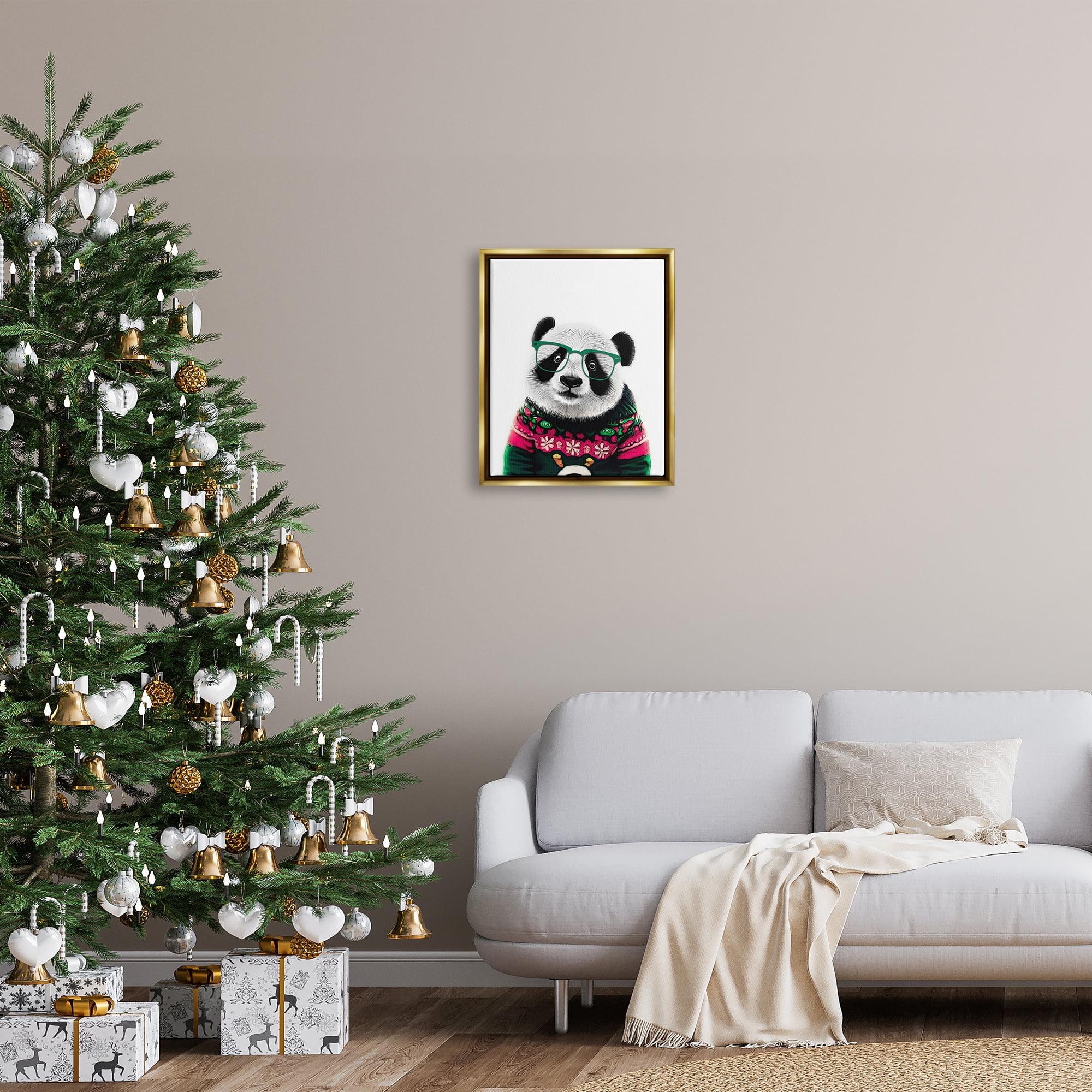 Stupell Industries Panda in Holiday Sweater Holiday Painting Gold Floater Framed Canvas Art Print Wall Art, 17 x 21
