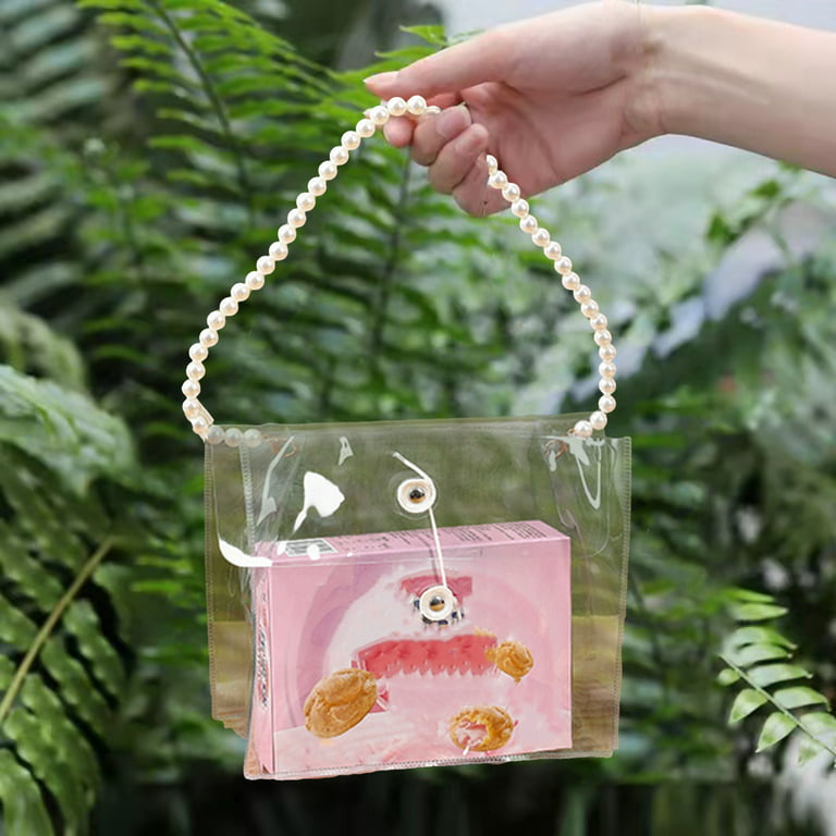 Leaveforme 2 Pieces Clear PVC Plastic Gift Bags with Pearl Chain Handles Transparent Gift Bags Bulk Reusable Tote Bags for Shopping School Wedding
